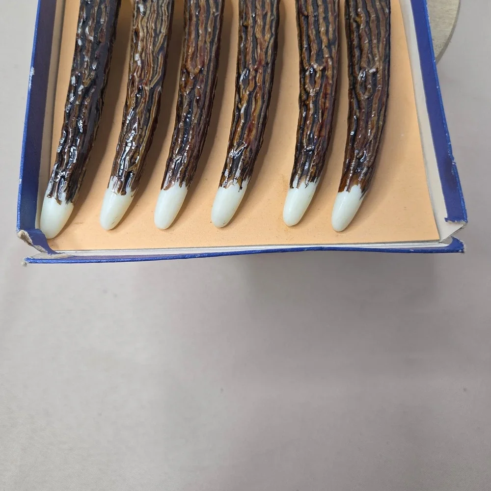 Vintage Faux Antler Handle Steak Knives Set of 6 in partial Original‎ Box